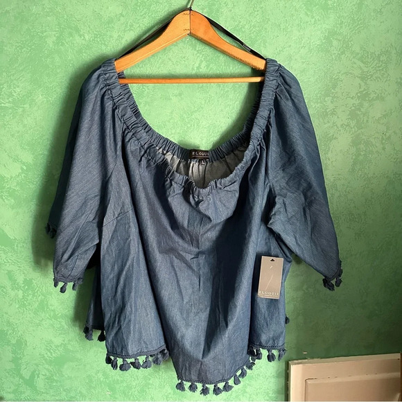 NEW ELOQUII Tassel Trimmed Off Shoulder Blue Chambray Top 28 Plus Size‎ Curvy 3X - Picture 2 of 7